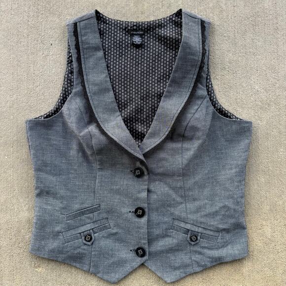 Y2K Maurices Gray Black Lace Trim Steampunk Officewear Tuxedo Dress Vest XL - Picture 1 of 6